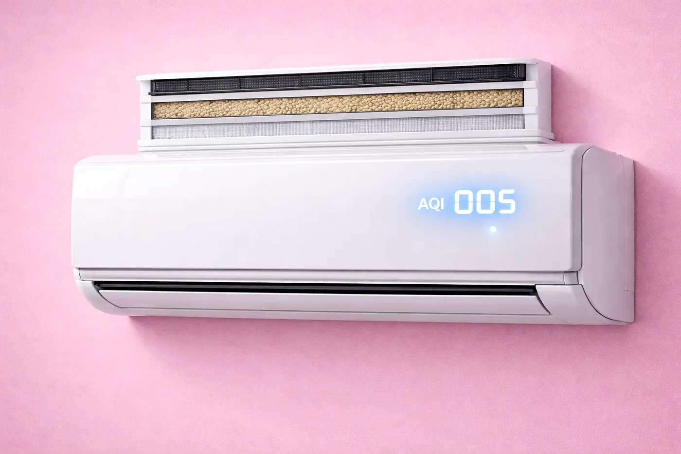 Split air conditioner fitted with the Airova add-on showing a low AQI reading