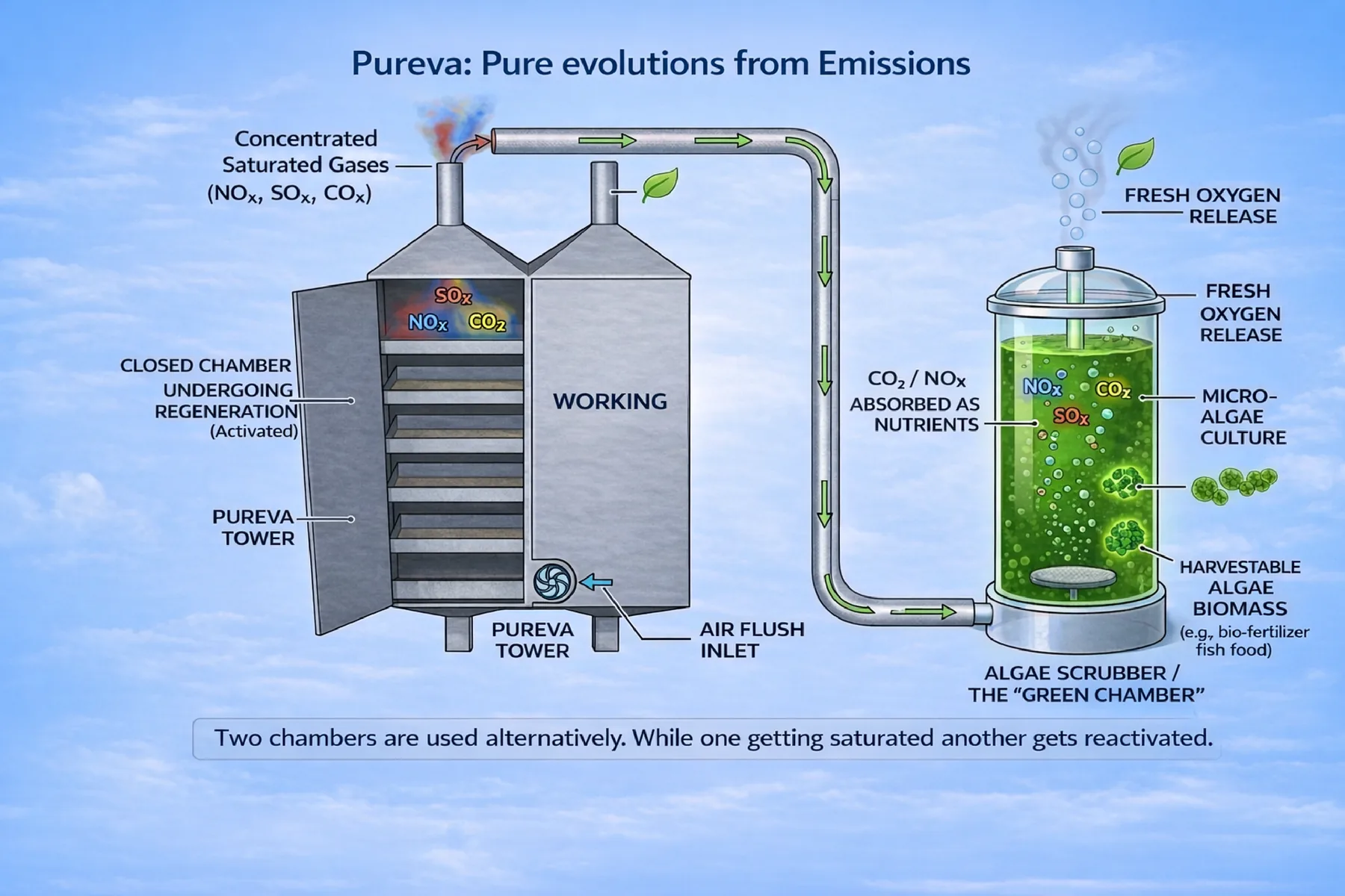Diagram of the two-chamber Pureva tower and the research algae chamber