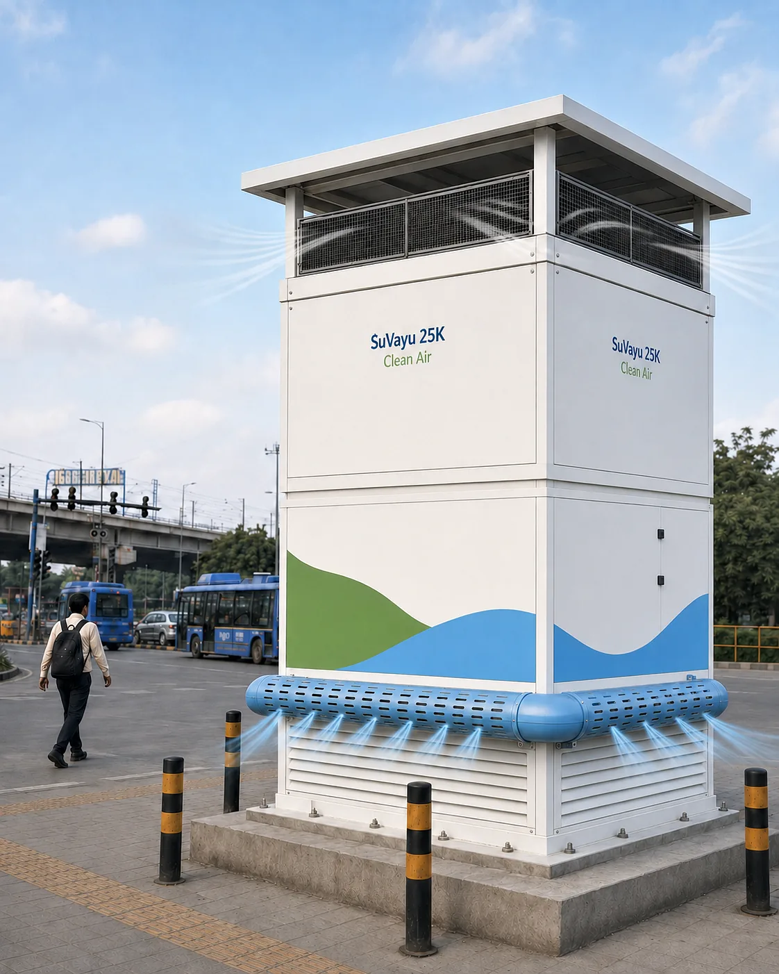 SuVayu 25K air-cleaning tower concept at a Delhi transport hub