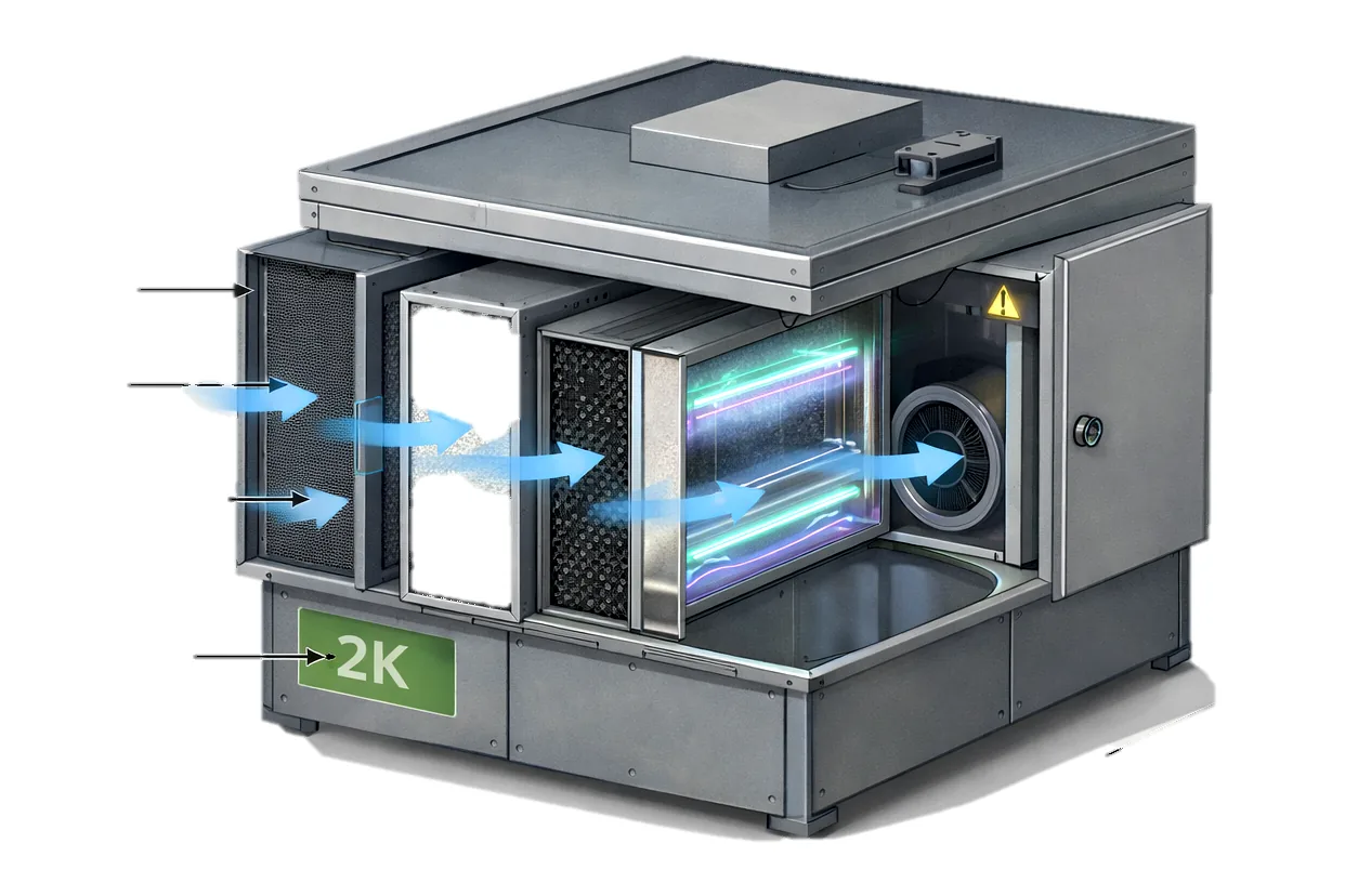 Cutaway of the SuVayu 2K unit inline with an air handling unit