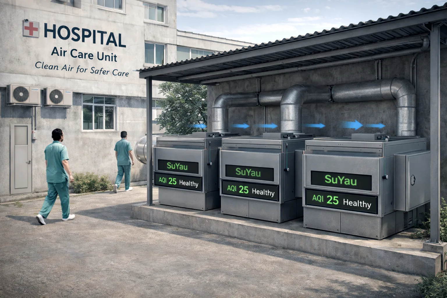 SuVayu units beside a hospital building, concept